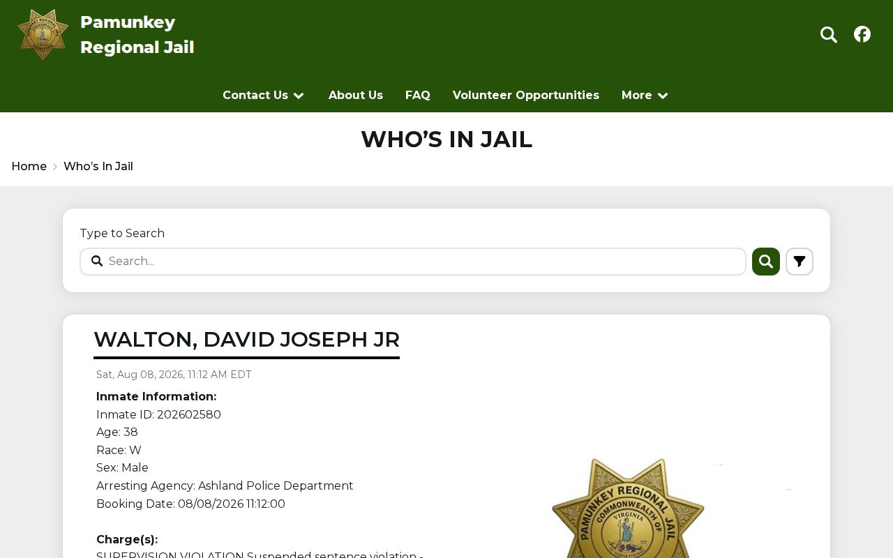 Powhatan County Pamunkey current custody roster for release verification